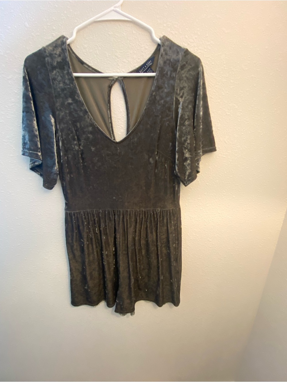 American Eagle Outfitters Olive Velvet Short Sleeve Romper